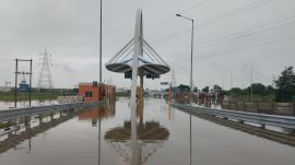 Ganga Expressway toll booth waterlogging has raised concerns (Express Photo)