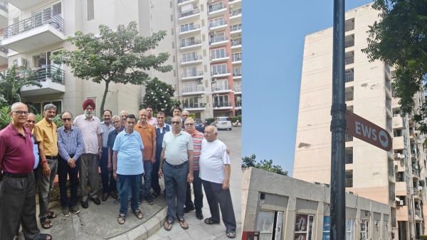 (left to right) RWA president SS Gill (centre) with other residents. The EWS flats are compact, 225-square-foot units originally allotted under state social housing mandates for about Rs 1.5 lakh. (Express Photo by Abhimanyu Hazarika)