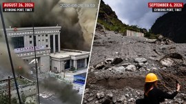 (Left) A torrent of water tearing through Gyirong Port, one of the main border crossings between Nepal and Tibet; and a journalist walks past a water tower installation which is the only structure visible, at the core disaster-hit area at Gyirong Port amid rescue efforts following the August 26 mudslide, on September 6, 2026 (Screenshot and AP photo)