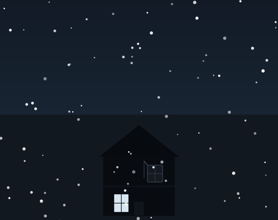 A looping animation of snow falling over a dusk street, showing a house with a lit window downstairs and a dark, slightly open window upstairs