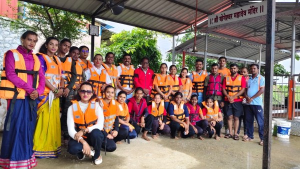 Members of Kolhapur’s transgender rescue team in life jackets before a training session. (Express)