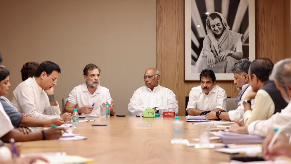Congress President Mallikarjun Kharge, Rahul Gandhi, KC Venugopal and others during a meeting with Chief Ministers, Education Ministers, and AICC In-charges, in New Delhi on Tuesday.