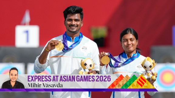 Nagoya: Gold medallist India's Sahil Jadhav, left, and Chikitha Taniparthi during the medal ceremony for the compound mixed team archery event at the 20th Asian Games, in Nagoya, Japan, Wednesday, Sept. 30, 2026. (PTI Photo/Arun Sharma) (PTI09_30_2026_000052A)