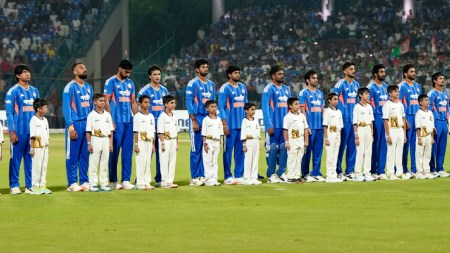 Indian players at national anthem before the first T20I cricket match between India and Afghanistan, in New Delhi. (PTI Photo)