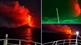 Indonesia's Anak Krakatau volcano erupted on Saturday. (@ravindraJourno/X. Images enhanced using AI)