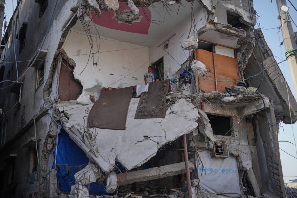 Displaced Palestinians shelter inside a building heavily damaged during the Israel-Hamas war in Gaza City, Thursday, Sept. 17, 2026. (AP)