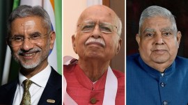 Left to Right: Minister of External Affairs S Jaishankar, former Deputy Prime Minister of India L K Advani, and former Vice President of India Jagdeep Dhankhar. (Credit: Wikimedia Commons, File)