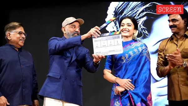 Kamal Haasan giving the ceremonial clap for the first shot of the MS Subbulakshmi biopic, with Rashmika Mandanna, at the Music Academy in Chennai