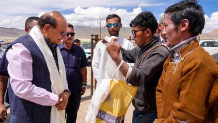 Ladakh Lieutenant Governor Vinai Kumar Saxena being felicitated during his visit to Tso Kar region on Sunday. PTI