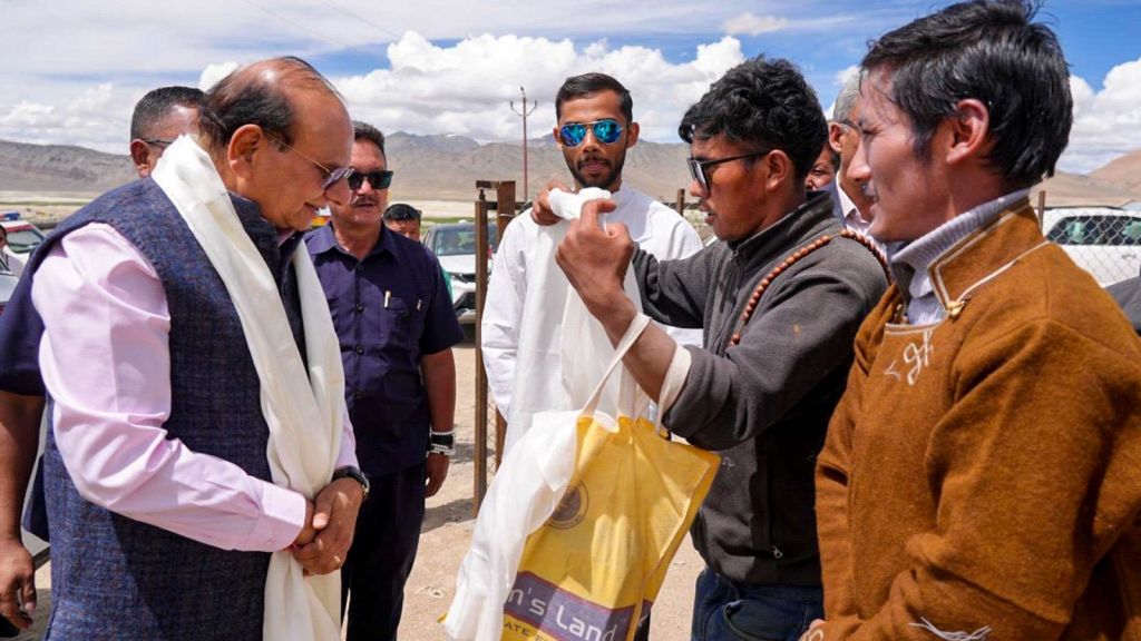 Ladakh Lieutenant Governor Vinai Kumar Saxena being felicitated during his visit to Tso Kar region on Sunday. PTI