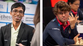 File image of R Praggnanandhaa and Magnus Carlsen. (Photos: GCL, Lennart Ootes)