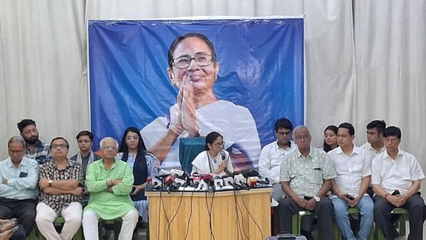 Former CM Mamata Banerjee during a press conference at Kalighat.