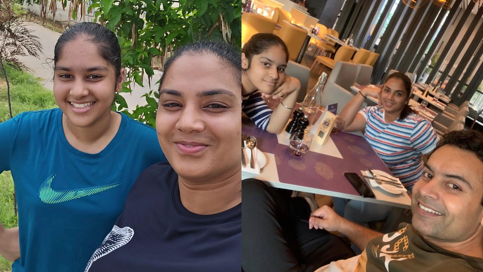 (left) Manpreet Kaur with daughter Jasnoor Kaur; (right) Manpreet Kaur with daughter Jasnoor Kaur and husband Karamjeet Singh. (Images via special arrangement)