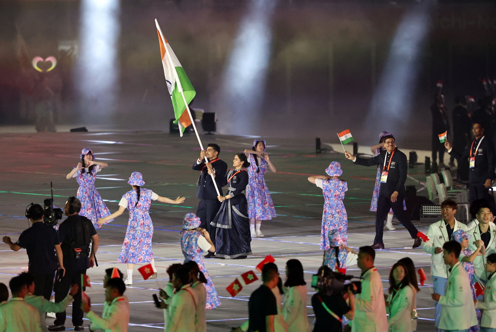 Manu Bhaker and Pawan Shehrawat led the Indian contingent during the athletes' parade during the opening ceremony of the 2026 Asian Games.