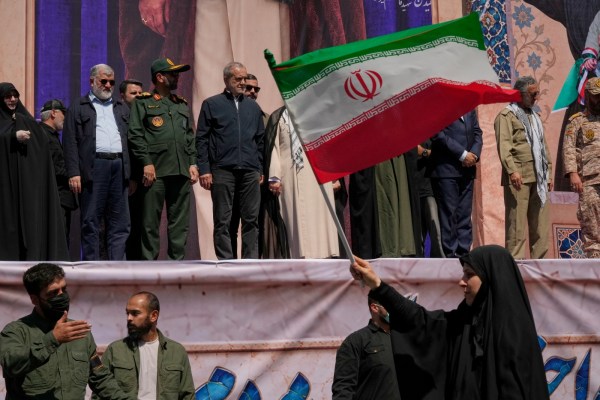 Iranian President Masoud Pezeshkian at a parade in Tehran on Friday. (AP)