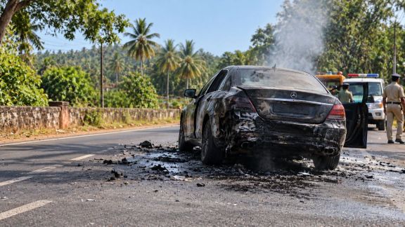 The Mercedes car dragged the motorist for at least 2 km after the collision. The car then caught fire and came to a halt. (AI Generated Image)