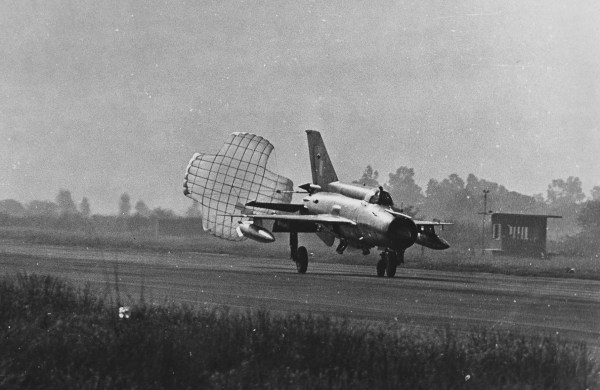 A MiG 21 deploying its braking parachute for landing (Express photo)