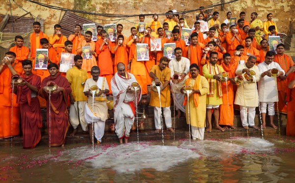  People offer prayers at the Ahilyabai Ghat on Prime Minister Narendra Modi’s birthday, in Varanasi, Thursday, Sept. 17, 2026.