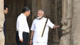 PM Narendra Modi welcomes China's President Xi Jinping at Arjuna's Penance in Mamallapuram, Tamil Nadu in this photo posted on October 11, 2019. (Facebook/PMOIndia)