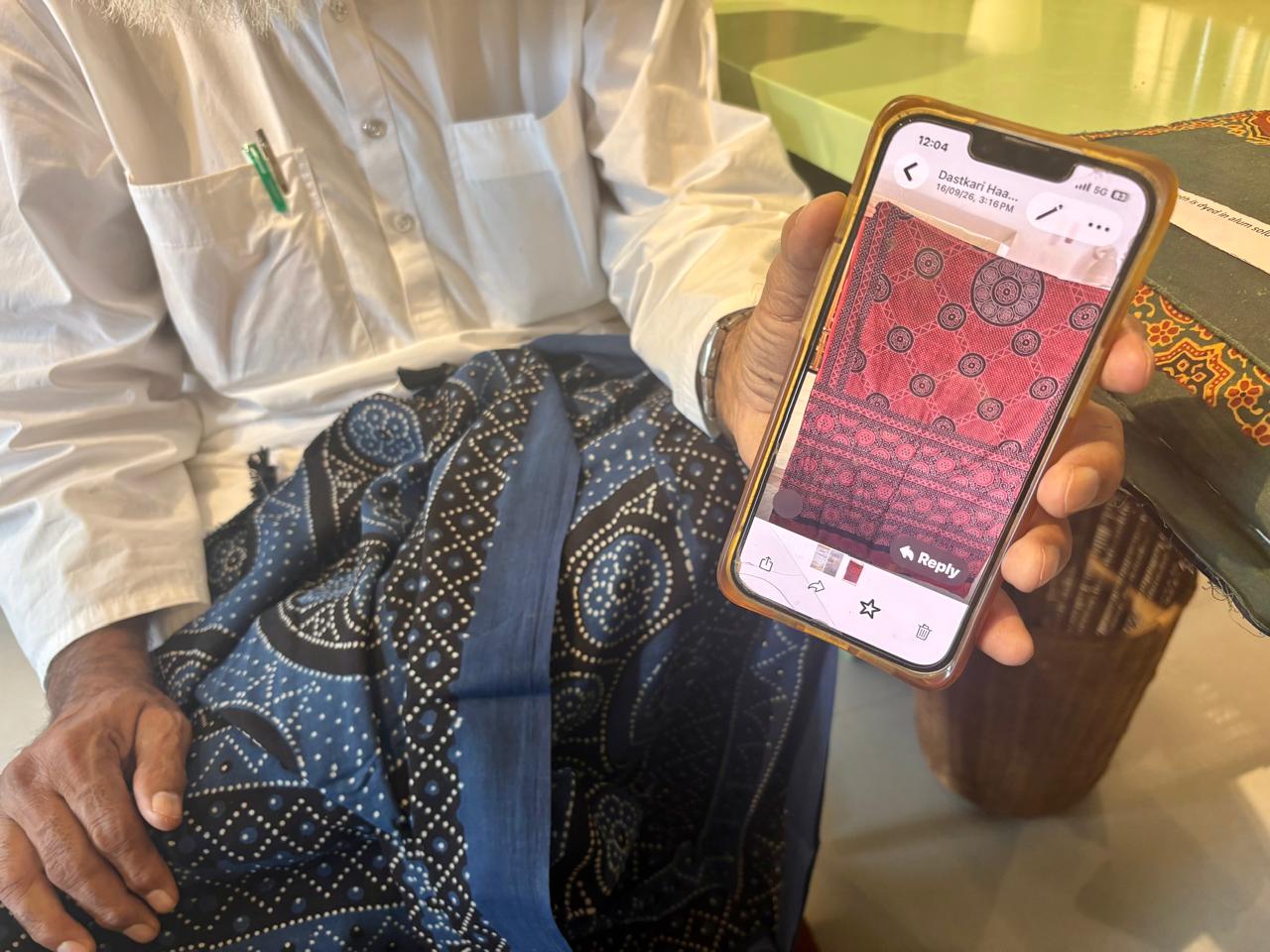 Dr Ismail Mohammad Khatri showcases traditional Ajrakh prints at Dastkari Haat Studio in South Delhi.
