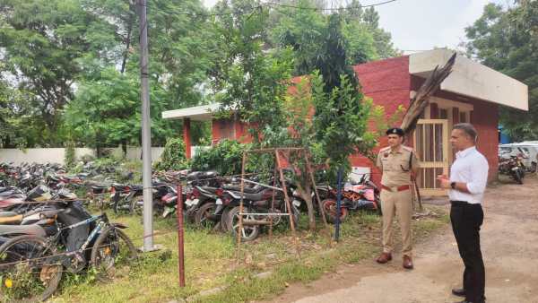 Panchkula Commissioner of Police Pankaj Nain with seized and using two-wheelers during a surprise inspection of the Sector 20 police station