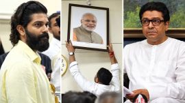 Raj Thackeray's (right) remarks came days after his son Amit Thackeray (left) and MNS workers (middle) removed a photograph of Prime Minister Narendra Modi placed next to Shivaji Maharaj’s portrait at a polytechnic institute in Pune. (File Photos/Enhanced using AI)