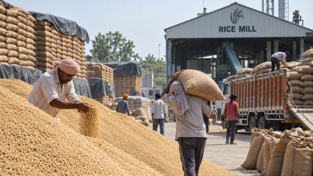 Officials and industry representatives, however, say the problem is no longer simply one of milling capacity, but the lack of space to store rice after it is milled and the slow movement of stocks out of the state. (AI generated Image)