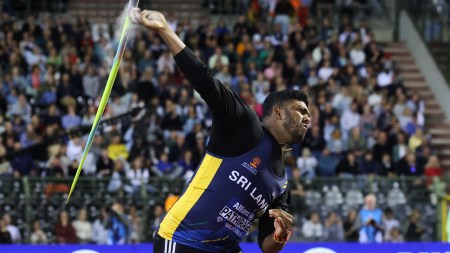 Rumesh Pathirage surged to his usual best, recording 89.04m to take the lead. (AP Photo)