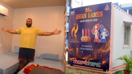(Right) Two times Asian Games champion shotputter Tajinder Pal Singh Toor in the shipping container (Left) The container-rooms that are in place at the SAI Centre in Bengaluru. (Express Photo by Harmeet Sodhi)