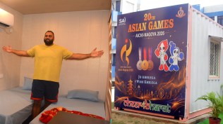 (Right) Two times Asian Games champion shotputter Tajinder Pal Singh Toor in the shipping container (Left) The container-rooms that are in place at the SAI Centre in Bengaluru. (Express Photo by Harmeet Sodhi)