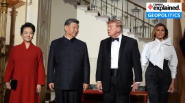 US President Donald Trump and first lady Melania Trump with China's President Xi Jinping and his wife Peng Liyuan in the Grand Foyer of the White House on Sept 24. (AP)
