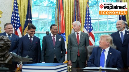 US President Donald Trump, Commerce Secretary Howard Lutnick, Energy Secretary Chris Wright, Essar Capital Director Prashant Ruia, Mesabi Metallics Chairman Rewant Ruia and Mesabi Metallics CEO Joe Broking in the Oval Office of the White House. (AP)