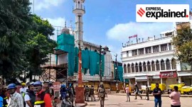 Security personnel keep vigil following stone-pelting incidents during protests against the proposed removal of a portion of the 'Shahi Masjid' for road widening, in Ujjain, Madhya Pradesh, Monday, Sept. 28. (PTI Photo)