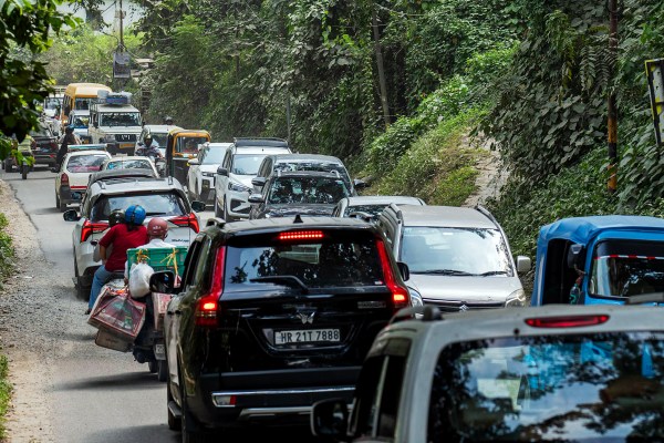 Heavy traffic on the route leading to Nainital, Bhimtal and Kainchi Dham, during the long weekend due to October 2 , in Nainital on Saturday.