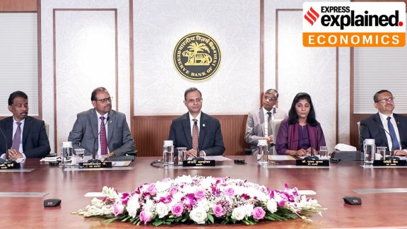 Reserve Bank of India (RBI) Governor Sanjay Malhotra and MPC members at a press conference on its Monetary Policy announcement and repo rate hike from 5.25% to 5.50%, (RBI/ANI Video Grab)
