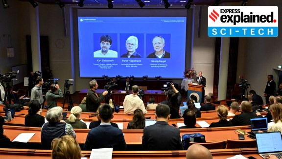 Karl Deisseroth, Peter Hegemann and Georg Nagel are shown on the screen as they are awarded the 2026 Nobel Prize in Physiology or Medicine (AP/PTI)