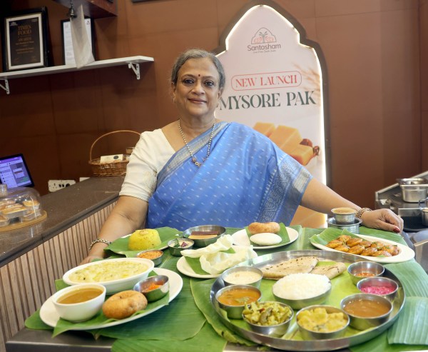 Santosham’s quick-service outlet in Manpada, Thane, opened in 2022 and serves dosas, uttapam, idli, vada and thalis, alongside Mysore Pak brought in from Mysore. Express Photo by Deepak Joshi 