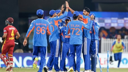 Arshdeep Singh of India celebrates the wicket of Shai Hope of West Indies during the 3rd T20I match between India and West Indies at the Holkar Stadium, Indore, India on October 11, 2026.