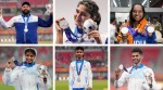 (Clockwise) India's Tajinderpal Singh Toor, Esha Singh, Elavenil Valarivan, Murali Sreeshankar, Gulveer Singh and Ancy Sojan with their silver medals at 2026 Asian Games. (PTI & AP)