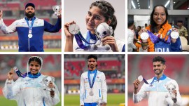 (Clockwise) India's Tajinderpal Singh Toor, Esha Singh, Elavenil Valarivan, Murali Sreeshankar, Gulveer Singh and Ancy Sojan with their silver medals at 2026 Asian Games. (PTI & AP)