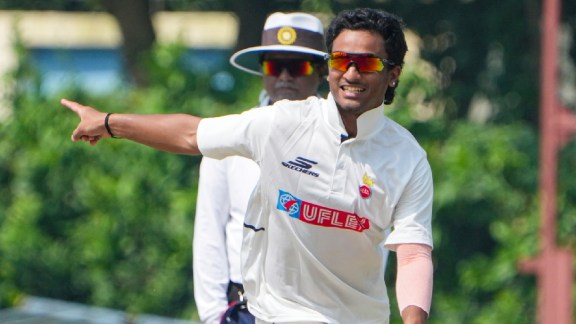 Delhi's Ayush Badoni celebrates after taking the wicket of Bengal's Mukesh Kumar during the Ranji Trophy Elite Group C cricket match between Delhi and Bengal, in Kalyani, West Bengal, Tuesday, Oct. 13, 2026. (PTI Photo)