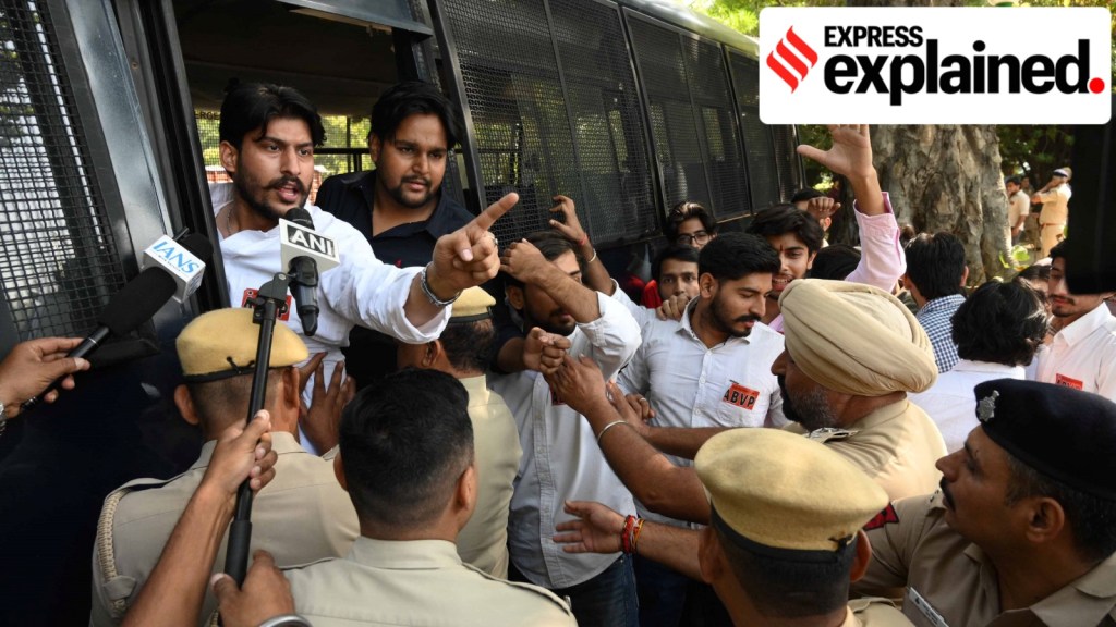 Members of ABVP during a protest outside the office of the Director General of Police Punjab in Sector 9 Chandigarh against the drug trade in the State on Thursday. (Express