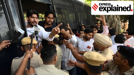 Members of ABVP during a protest outside the office of the Director General of Police Punjab in Sector 9 Chandigarh against the drug trade in the State on Thursday. (Express Photo)