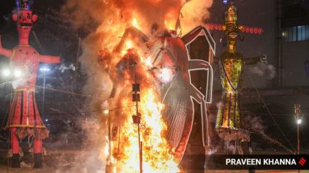 A 30-foot-tall cockroach effigy burnt alongside the traditional effigies of Ravan, Kumbhkaran, and Meghnad during Dussehra celebrations at Pitampura.