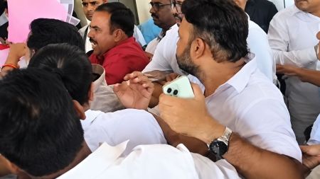 Shoes were allegedly hurled, and abuses were exchanged on the premises of the party headquarters in the presence of senior party leaders.