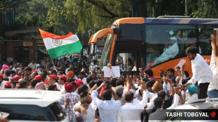 India Bloc MPs lead by LOP Rahul Gandhi during their march from the Constitution club of India to Barakhamba road, in protest demanding the resignation of CEC Gyanesh Kumar in New Delhi. (Express Photo by Tashi Tobgyal)
