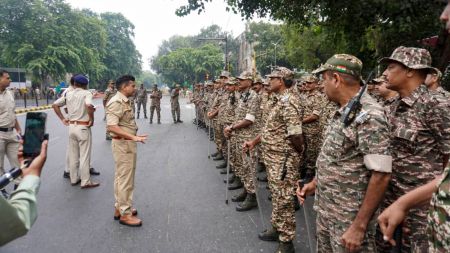 Security personnel keep vigil as heavy police deployment and entry restrictions are enforced ahead of a planned protest by Cockroach Janta Party (CJP) members, in New Delhi, Saturday, Oct. 10, 2026. (PTI Photo)