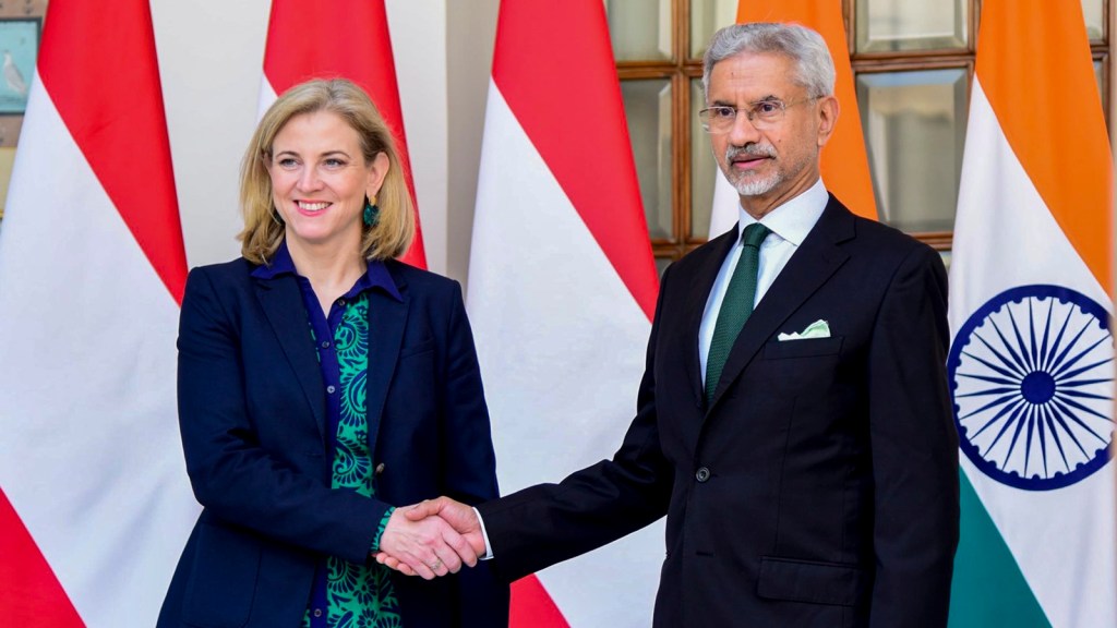 External Affairs Minister S Jaishankar with Austria’s Minister of Foreign Affairs Beate Meinl-Reisinger in New Delhi on Wednesday
