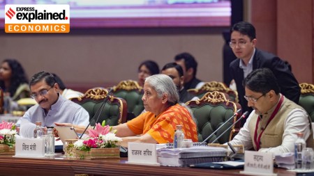 Union Minister for Finance and Corporate Affairs Nirmala Sitharaman during the 57th meeting of the Goods and Services Tax (GST) Council, in New Delhi, Thursday. (PTI)
