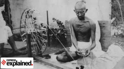 Mahatma Gandhi spinning the charkha, a symbol of Swadeshi, self-reliance and resistance to British rule (Wikimedia Commons)
